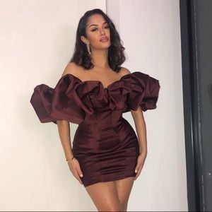 House of CB Selena Dress. Off the shoulder bodycon satin brown dress
